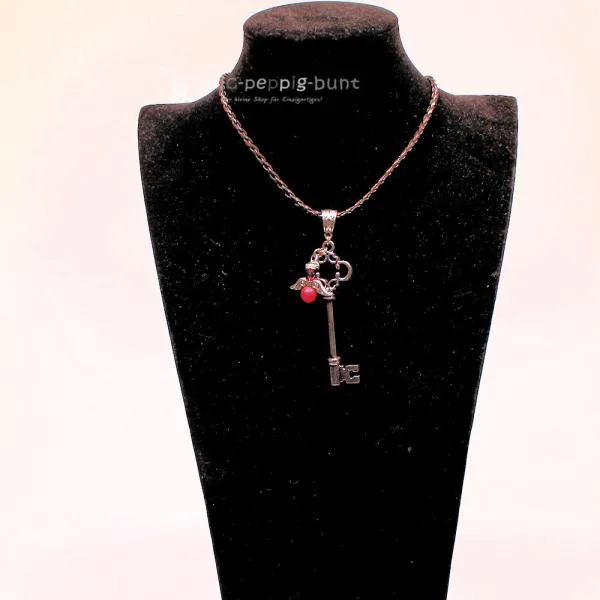 Kettenanhänger Schlüssel mit Schutzengel pink versilbert - kettenanhaenger schluessel engel pink strass steine