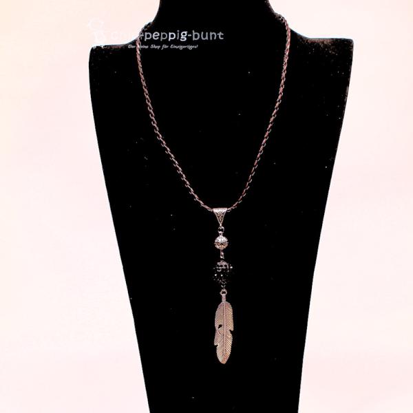 Kettenanhänger Silber Blatt schmal Strassperle schwarz