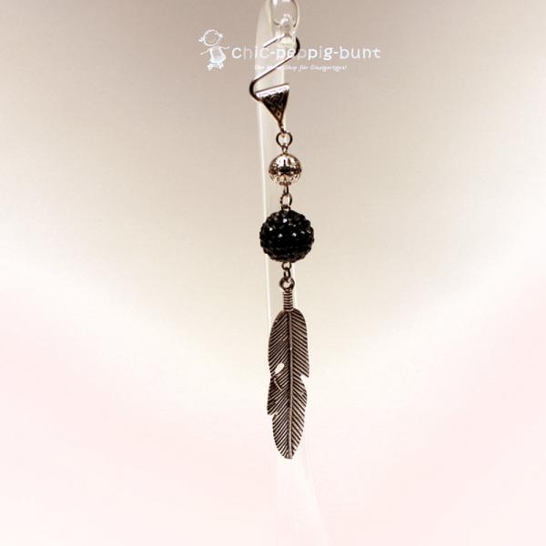 Kettenanhänger Silber Blatt schmal Strassperle schwarz