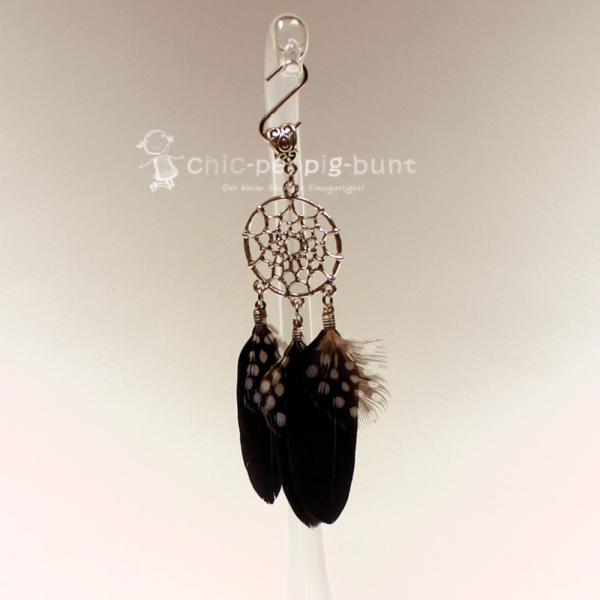 Kettenanhänger Traumfänger versilbert Feder punkte schwarz