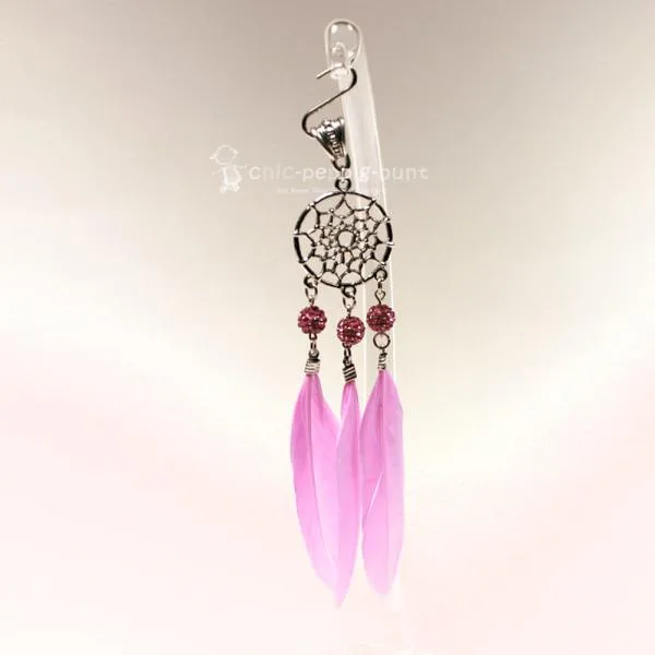 Kettenanhänger Traumfänger rund Feder Metall versilbert Strass Perle - kettenanhaenger traumfaenger metall versilbert strass perlen federn rosa