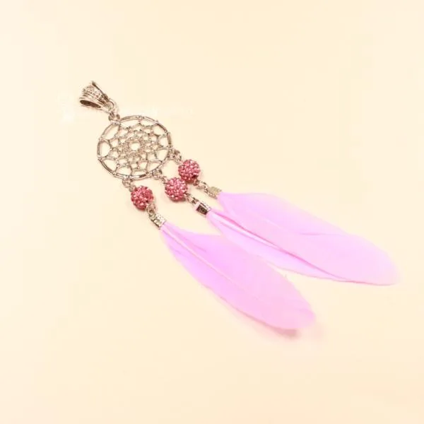 Kettenanhänger Traumfänger rund Feder Metall versilbert Strass Perle - kettenanhaenger traumfaenger metall versilbert strass perlen federn rosa