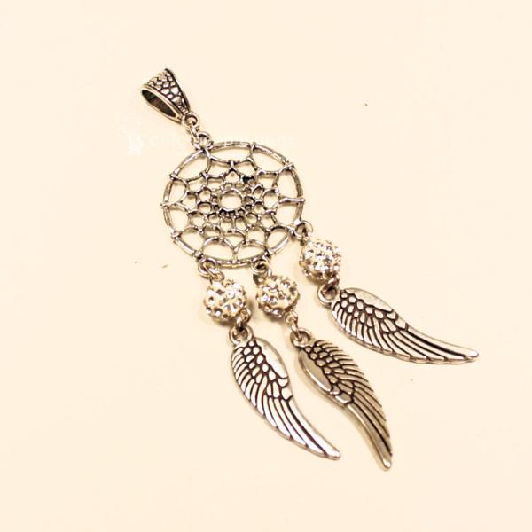 Kettenanhänger Traumfänger rund Feder Metall versilbert Strass Perle weiss