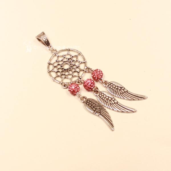 Kettenanhänger Traumfänger rund Feder Metall versilbert Strass Perle rosa