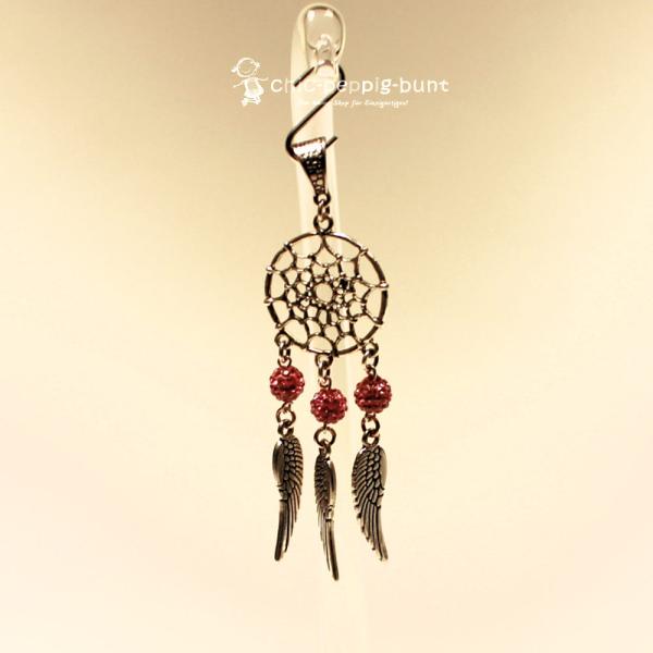 Kettenanhänger Traumfänger rund Feder Metall versilbert Strass Perle rosa