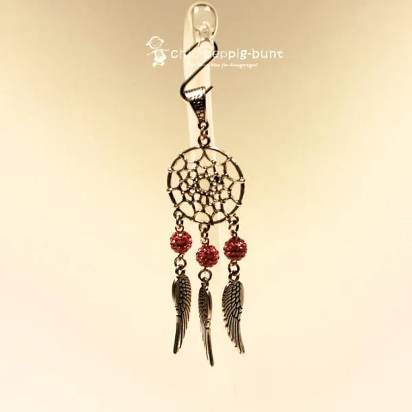 Kettenanhänger Traumfänger rund Feder Metall versilbert Strass Perle rosa - kettenanhaenger traumfaenger metall versilbert strass perlen fluegel rosa