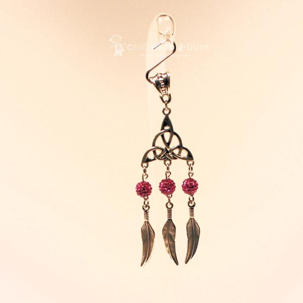 Kettenanhänger Traumfänger Feder Metall versilbert Strass Perle dunkelrosa