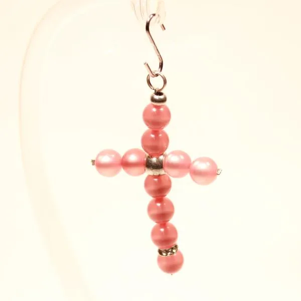 Kreuz Kettenanhänger Rosa – Perlmutt Polaris Unikat - kettenanhänger gross kreuz perlen handmade metall versilbert polaris rosa glänzend