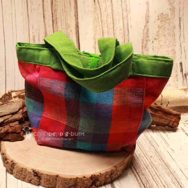 Kindertasche grün mit buntem Stoffkaro 1 Fach - kindertasche handtasche karo gruen lunch bag stoff