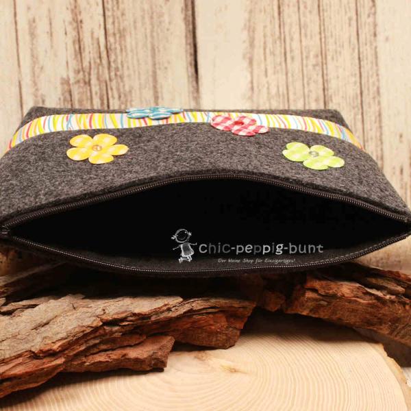 Stabiler Reißverschluss der Utensilientasche aus Filz mit Blick auf die sauberen Nähte.