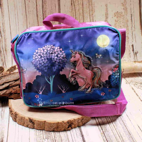 Lila-blaue Kindertasche mit Einhorn-Motiv und Thermo-Isolierung, Tragegriff und verstellbarem Schultergurt.