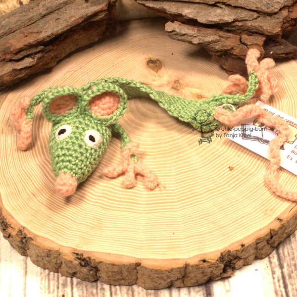 Lesezeichen Maus Apple Grün Handgehäkelt 100% Baumwolle Leseband Bookmark 31 cm