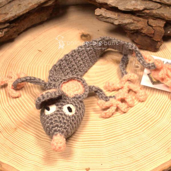 Lesezeichen Maus Billy Grau Handgehäkelt 100% Baumwolle Leseband Bookmark 31 cm