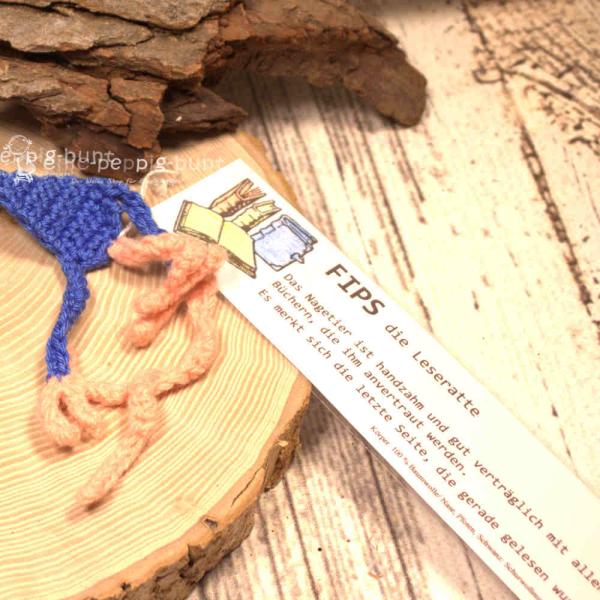 Lesezeichen Leseratte Fips blau gehäkelt