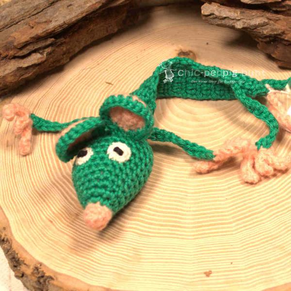 Lesezeichen Maus Herbie Dunkelgrün Handgehäkelt 100% Baumwolle Leseband Bookmark 31 cm