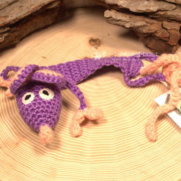 Lesezeichen Maus Lärry Lila Handgehäkelt 100% Baumwolle Leseband Bookmark 31 cm