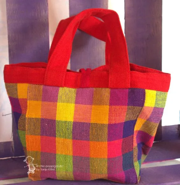 Kindertasche rot mit buntem Stoffkaro - lunchbag karo kinder rot