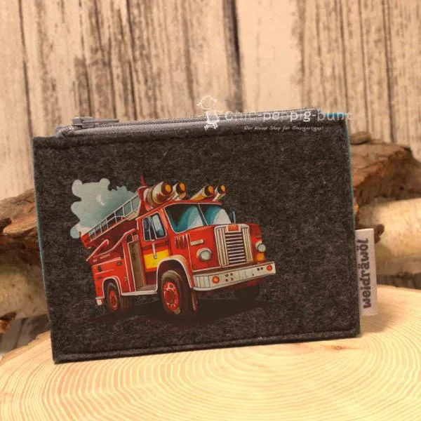 Mäppchen Filz mit Feuerwehrauto Motiv dunkelgrau