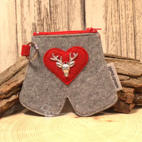 Filz Mäppchen Tracht Lederhosen-Style Grau Rot Geldbeutel mit Schlaufe