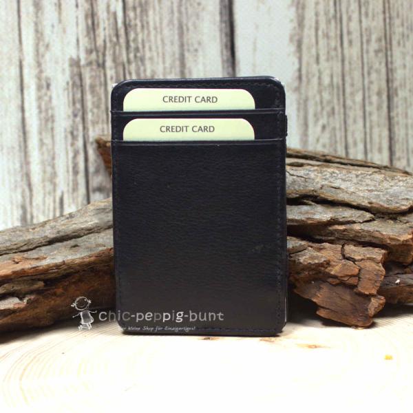 Magic Wallet Portemonnais Geldbörse Mini Geldbeutel Leder Schwarz 4 Kartenfächer 10,5cm