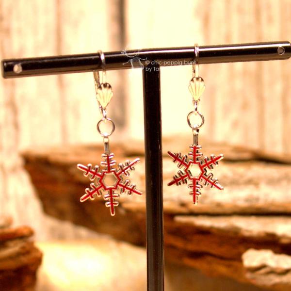 Ohrringe Weihnachten Schneeflocke versilbert rot, Modeschmuck mit Klappbrisur, handmade chic-peppig-bunt