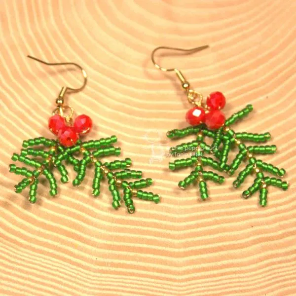 Ohrringe Hänger Weihnachten Zweig aus Perlen grün mit rot - ohrringe modeschmuck vergoldet weihnachten zweige