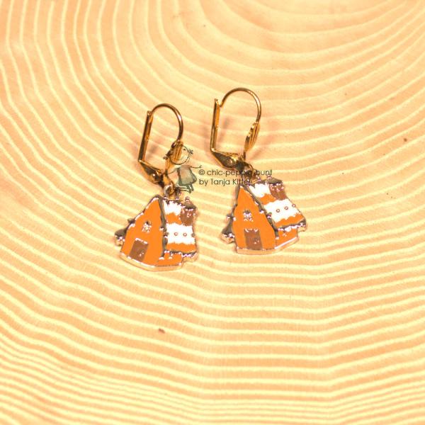 Ohrringe Weihnachten Lebkuchenhaus vergoldet mit Klappbrisur, Modeschmuck handmade chic-peppig-bunt