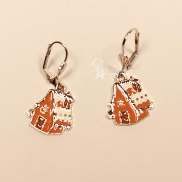 Ohrringe Weihnachten Lebkuchenhaus versilbert mit Klappbrisur, Modeschmuck handmade chic-peppig-bunt