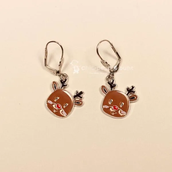 Ohrringe Weihnachtsschmuck Rentier Kopf versilbert mit Klappbrisur handmade chic-peppig-bunt