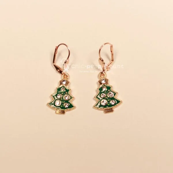 Ohrringe Weihnachtsschmuck Baum emailliert Rosegold mit Strass und Klappbrisur handmade chic-peppig-bunt