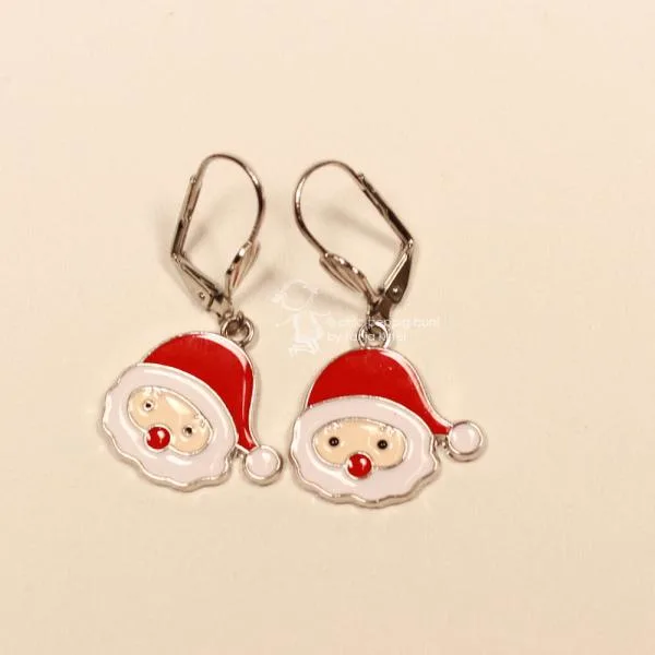 Ohrringe Weihnachtsschmuck Nikolaus Kopf versilbert emailliert mit Klappbrisur, handmade chic-peppig-bunt