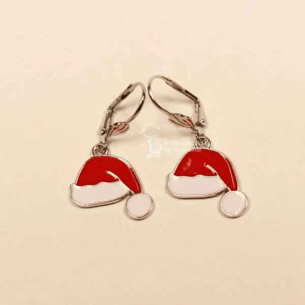 Ohrringe Weihnachtsschmuck Nikolaus Mütze versilbert emailliert rot-weiß mit Klappbrisur, handmade chic-peppig-bunt