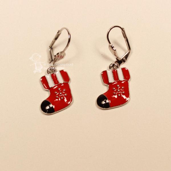 Ohrringe Weihnachtsschmuck Nikolaus Socke versilbert emailliert rot-weiß mit Klappbrisur, handmade chic-peppig-bunt