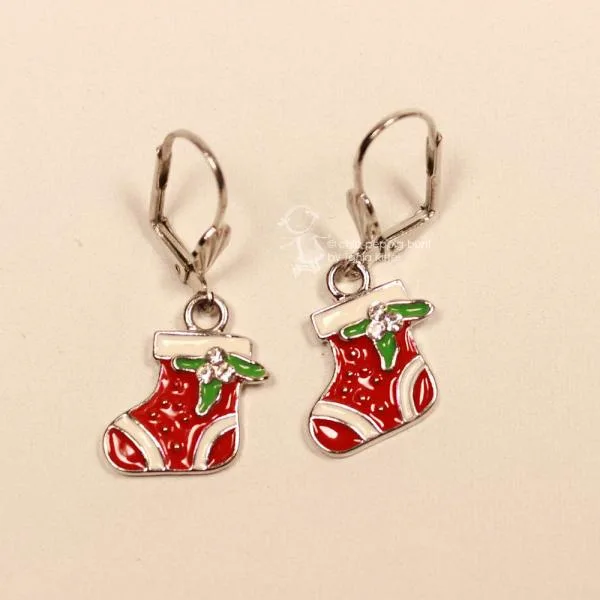 Ohrringe Weihnachtsschmuck Nikolaus Socke versilbert emailliert mit Strassstein und Klappbrisur, handmade chic-peppig-bunt
