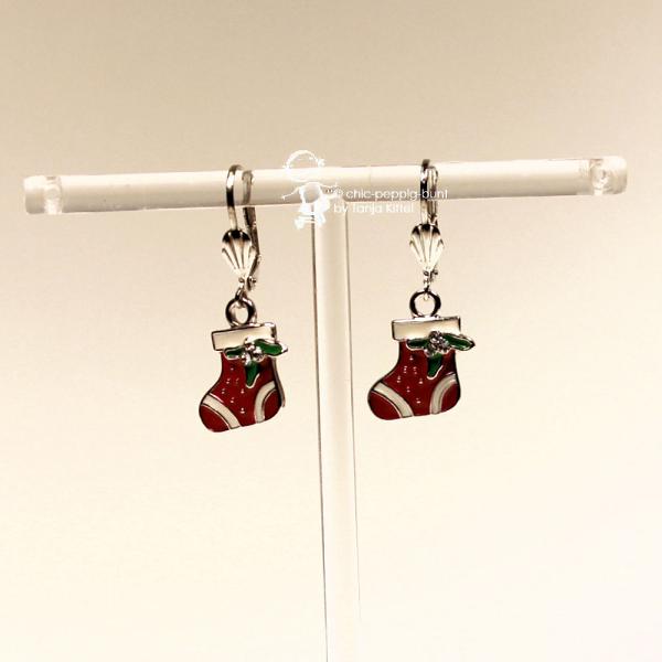 Ohrringe Nikolaus Socke mit Strass Stein Weihnachten rot versilbert