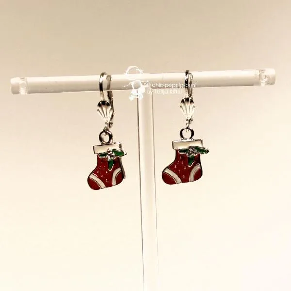 Ohrringe Nikolaus Socke mit Strass Stein Weihnachten rot versilbert - ohrringe modeschmuck versilbert weihnachten nikolaus strumpf rot gruen schleife