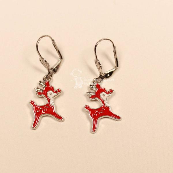 Ohrringe Weihnachtsschmuck Rentier versilbert emailliert mit Klappbrisur, handmade chic-peppig-bunt