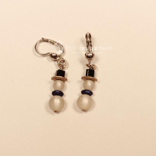 Ohrringe Weihnachten Schneemann Polaris Perlen dunkelblau versilbert mit Klappbrisur, Modeschmuck handmade chic-peppig-bunt