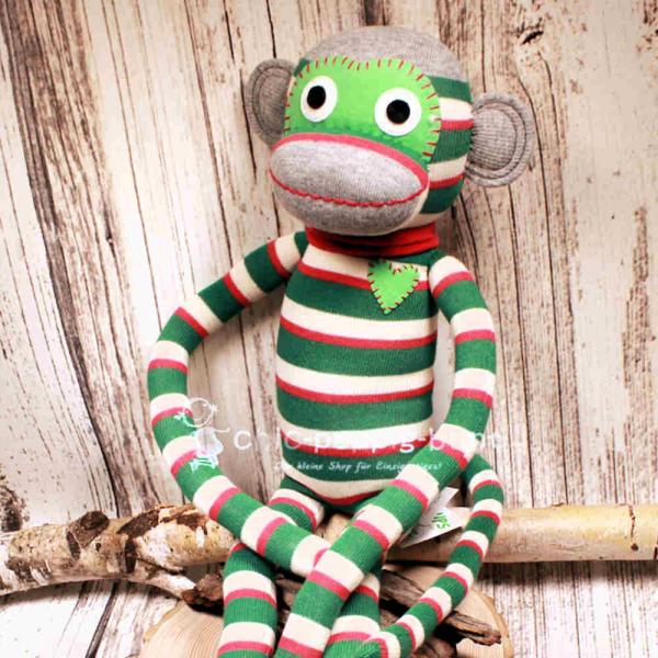 Riesiger XXL Sockenaffe von HickUps, grün-rot-creme gestreift, 72 cm große Stoffpuppe aus Fair Trade Handarbeit.