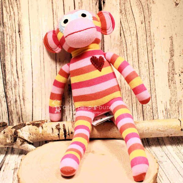 Mittlerer Sockenaffe von HickUps in Rosa, Pink und Gelb, handgefertigtes Fair Trade Stofftier, Größe 40 cm.