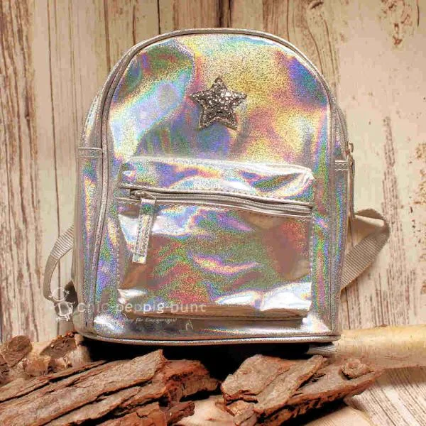 Rucksack Kinder silber glitzer Schimmer PVC abwaschbar - rucksack kinder silber pvc polyester glaenzend