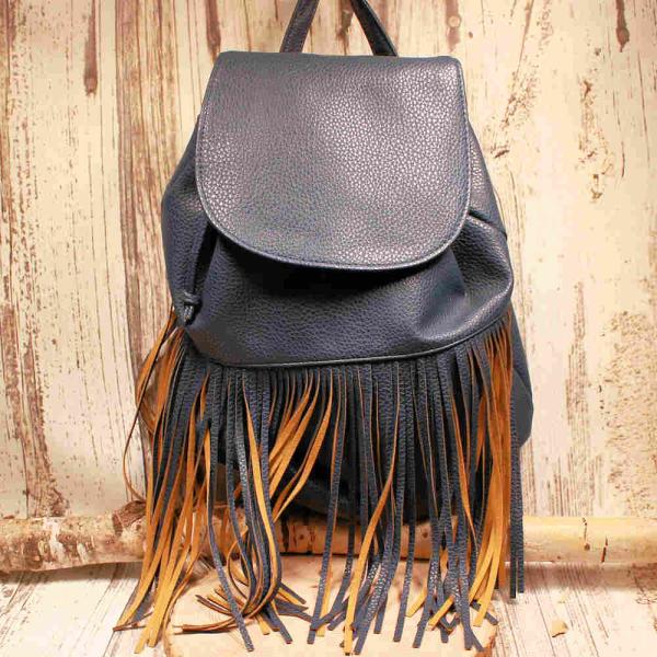 Rucksack Boho Leder blau Fransen