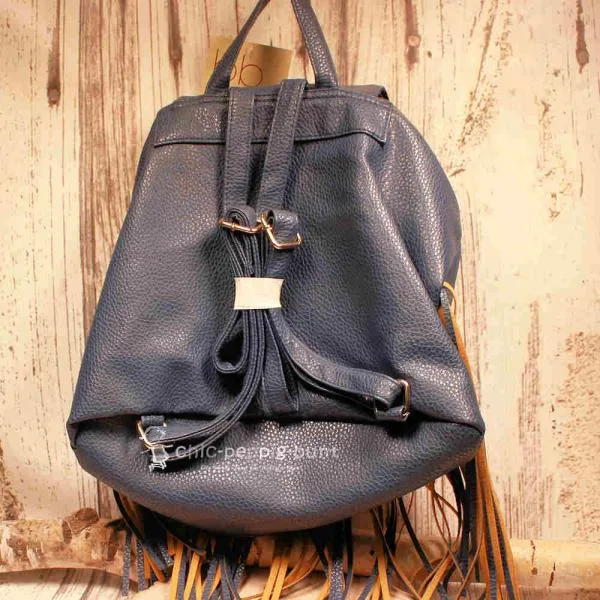 Rucksack Boho Leder blau Fransen - rucksack leder dunkelblau fransen stabil druckknopf