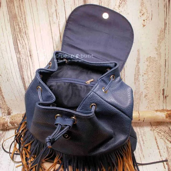 Rucksack Boho Leder blau Fransen - rucksack leder dunkelblau fransen stabil druckknopf