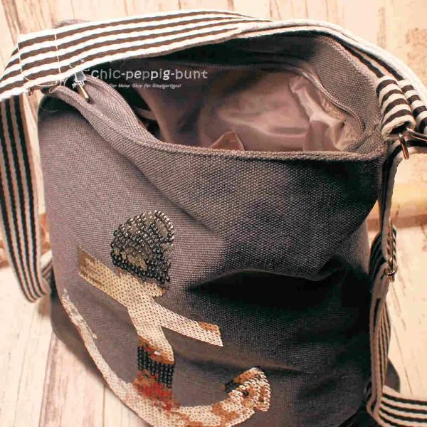 Rucksack oder Handtasche grau Pailletten in der Form eines Ankers - rucksack stoff pailletten anker grau umhaengetasche