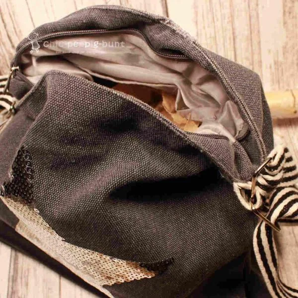 Rucksack oder Handtasche grau Pailletten in der Form eines Sterns - rucksack stoff pailletten stern grau umhaengetasche
