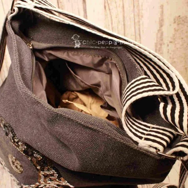 Rucksack oder Handtasche grau Pailletten Motiv Ying & Yang - rucksack stoff pailletten yin yang grau umhaengetasche