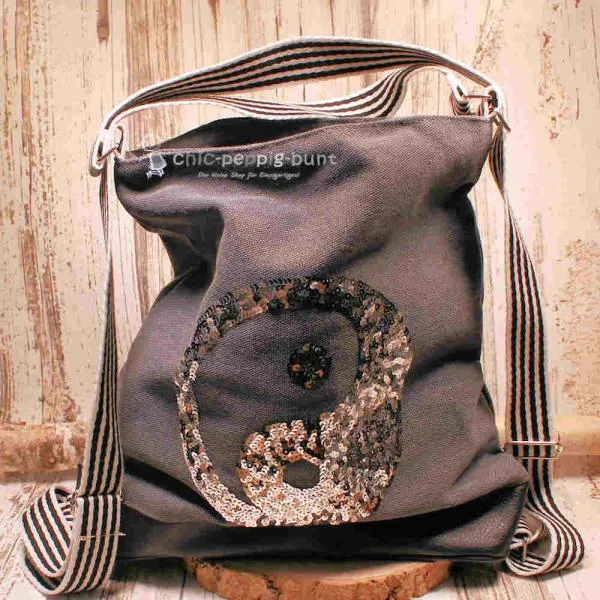 Rucksack oder Handtasche grau Pailletten Motiv Ying & Yang - rucksack stoff pailletten yin yang grau umhaengetasche