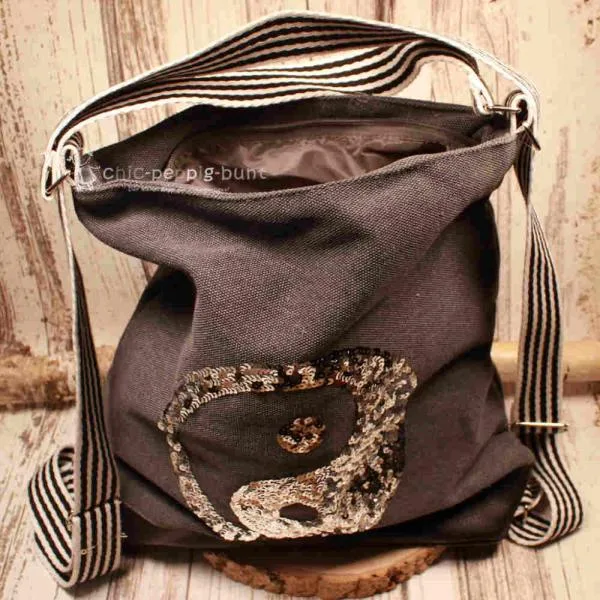 Rucksack oder Handtasche grau Pailletten Motiv Ying & Yang - rucksack stoff pailletten yin yang grau umhaengetasche