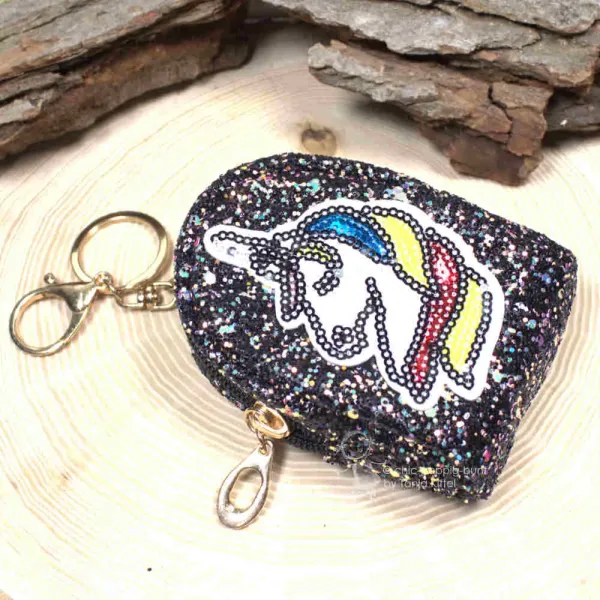 Glitzerndes Mäppchen Schlüsselanhänger Schwarz Einhorn Motiv Reissverschluss